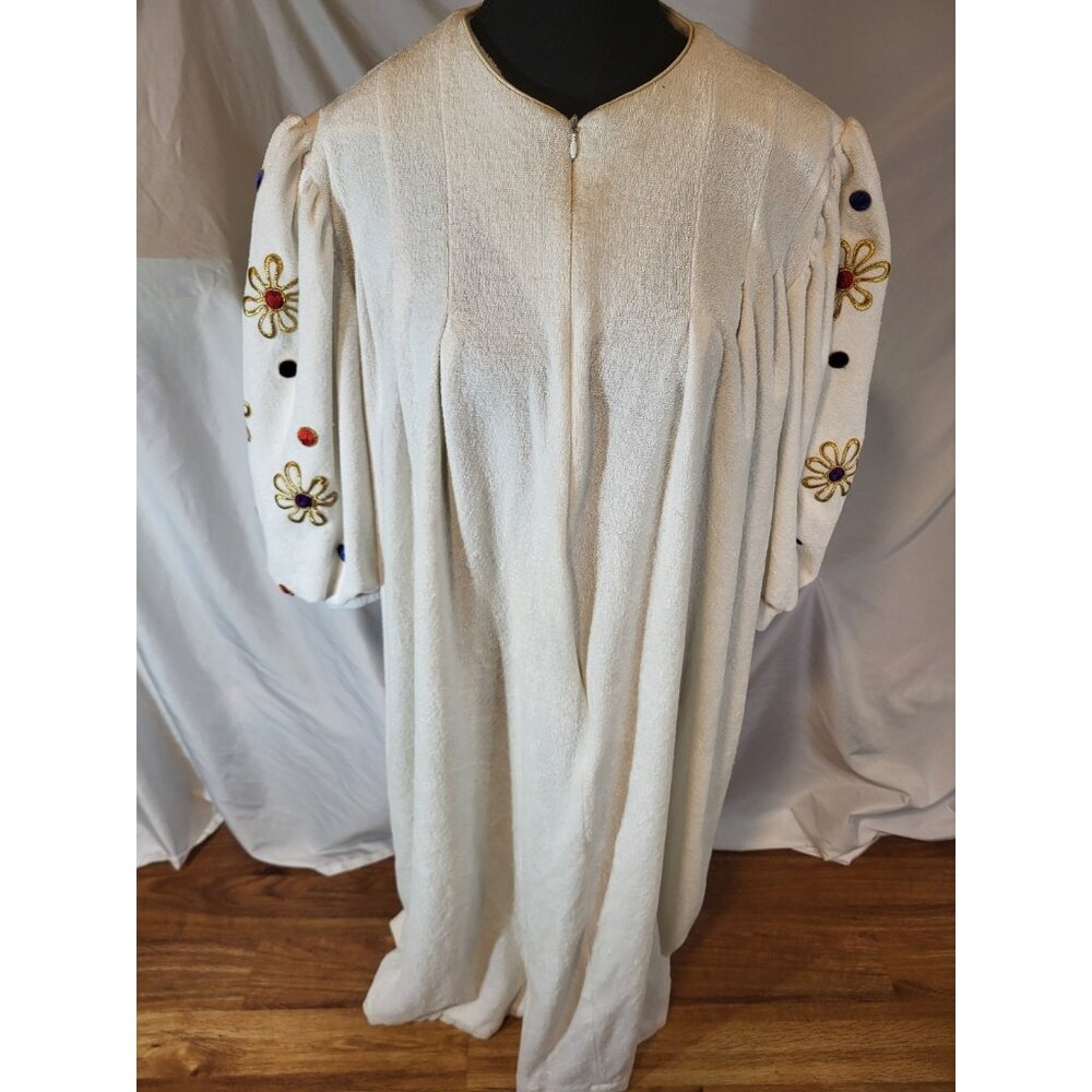 Vintage David Brown Ivory Embroidered Puffed Sleeves Mumu Dress Terrycloth